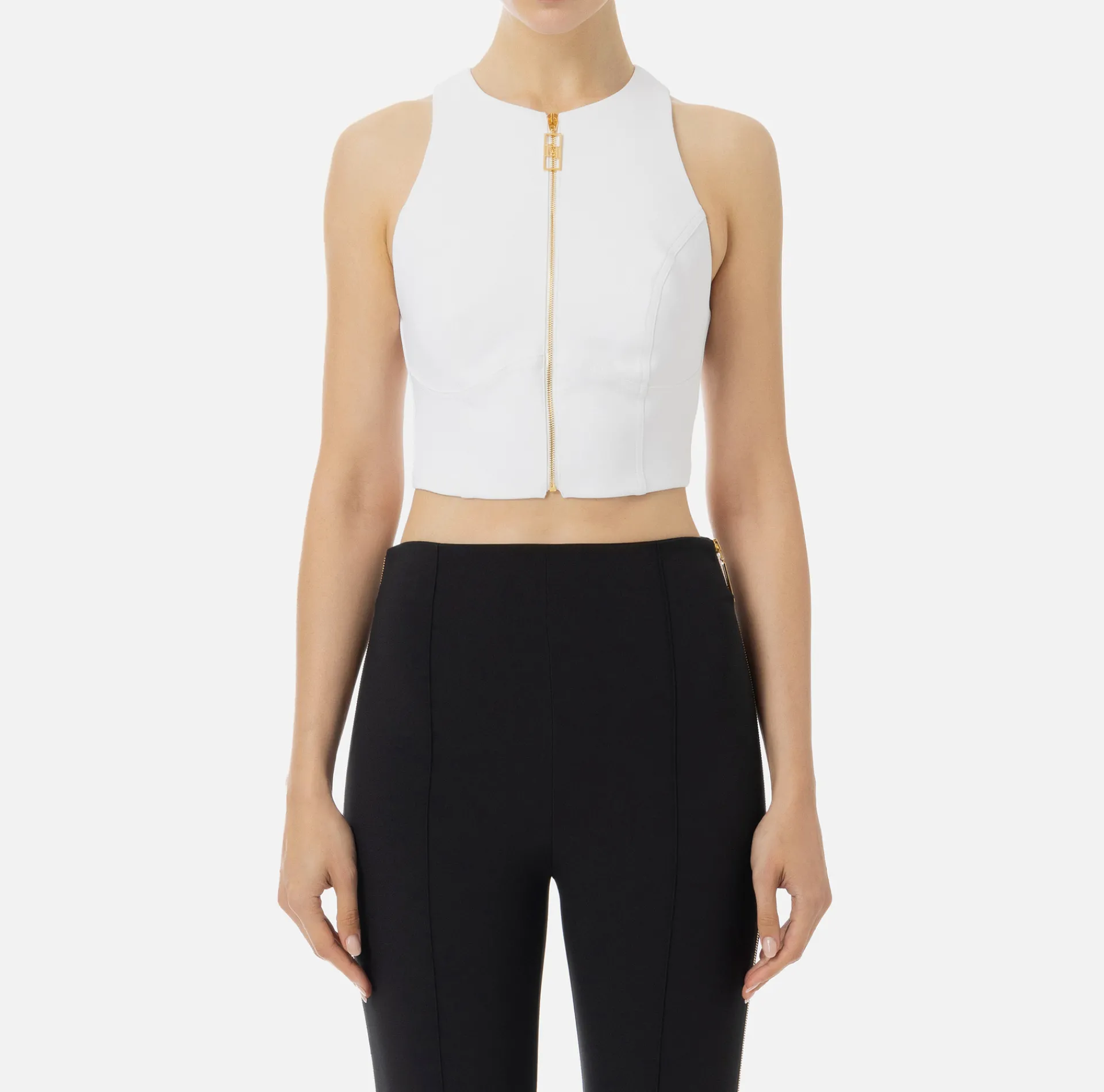 Elisabetta Franchi Top And T-Shirts|Cropped top in double layer crêpe with zip Ivory