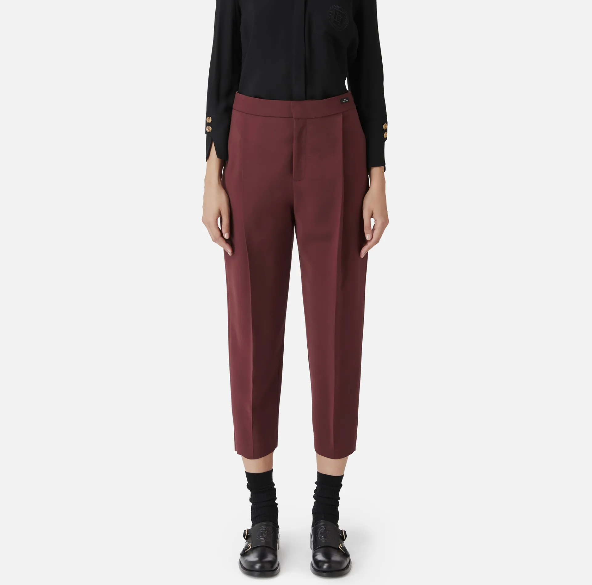 Elisabetta Franchi Trousers And Shorts|Cropped trousers in stretch cool wool with darts RougeNoir