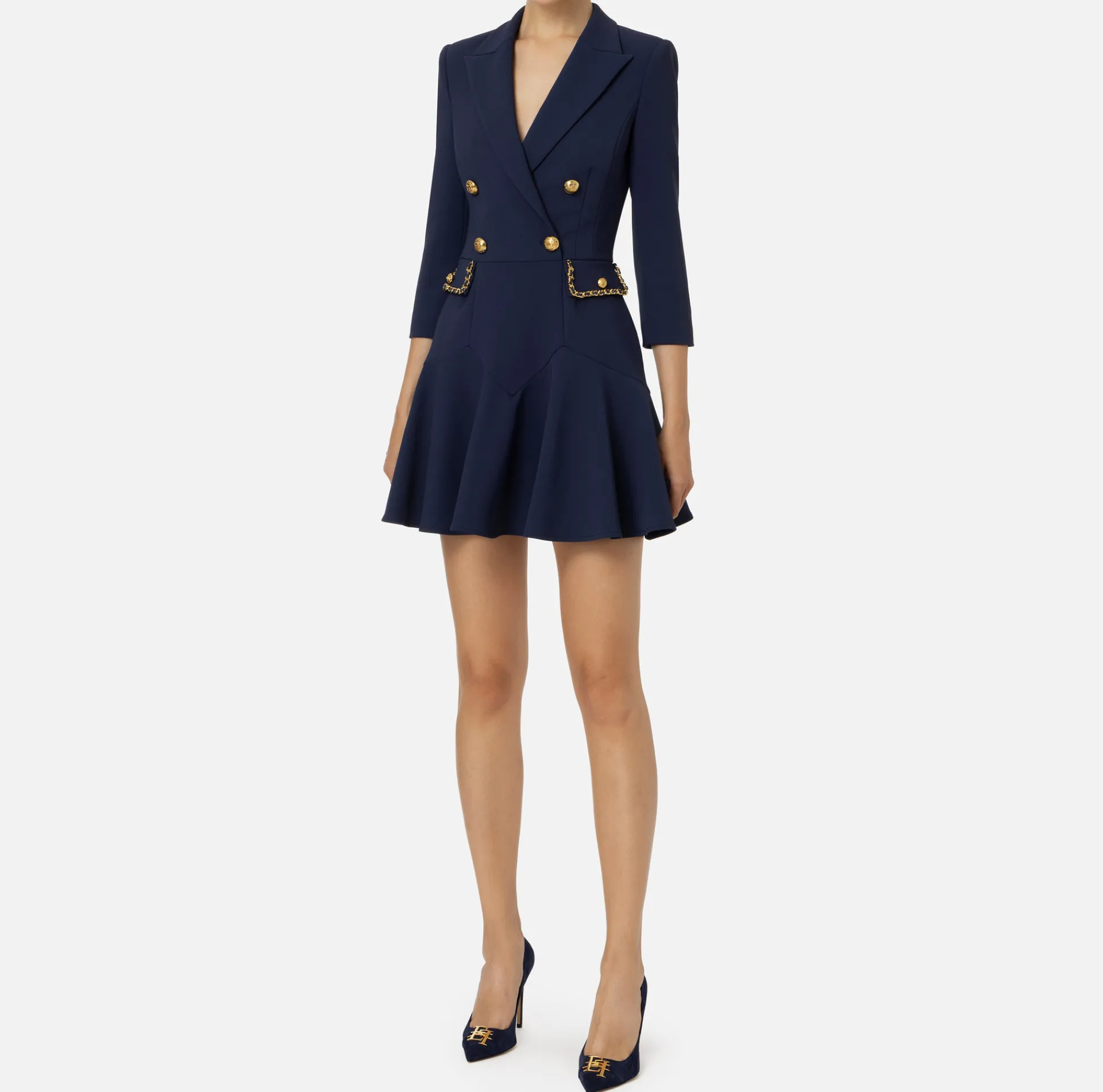 Elisabetta Franchi Mini Dresses|Coat Dresses|Crêpe coat dress with groumette chain Navy
