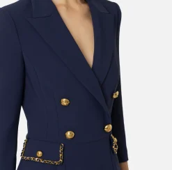 Elisabetta Franchi Mini Dresses|Coat Dresses|Crêpe coat dress with groumette chain Navy