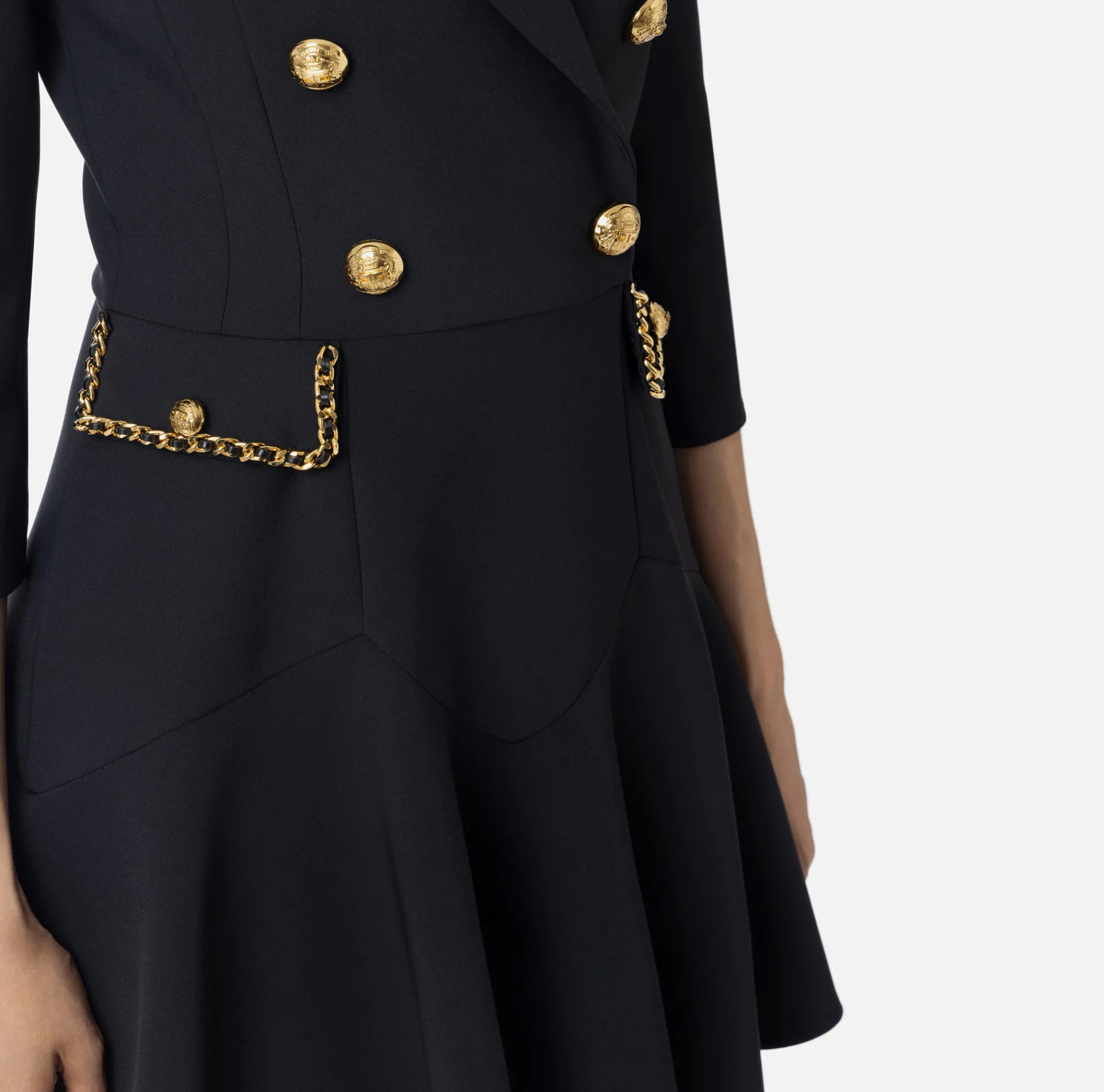 Elisabetta Franchi Mini Dresses|Coat Dresses|Crêpe coat dress with groumette chain Black