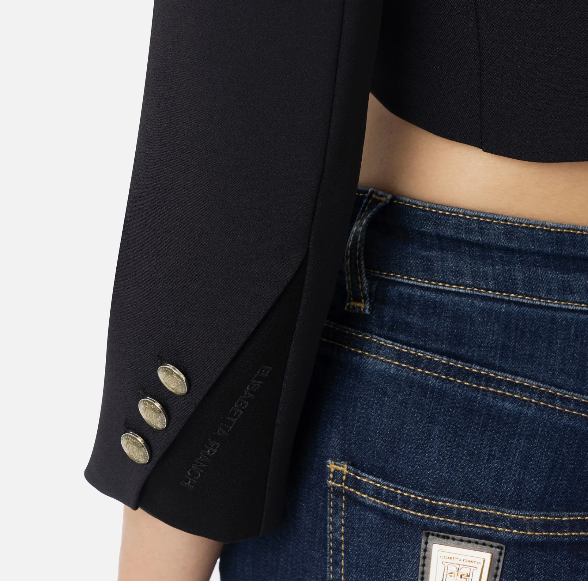 Elisabetta Franchi Jackets And Trench Coats|Crêpe cropped jacket with satin lapels Black