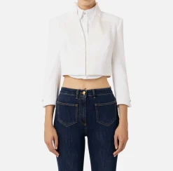 Elisabetta Franchi Jackets And Trench Coats|Crêpe cropped jacket with satin lapels Ivory