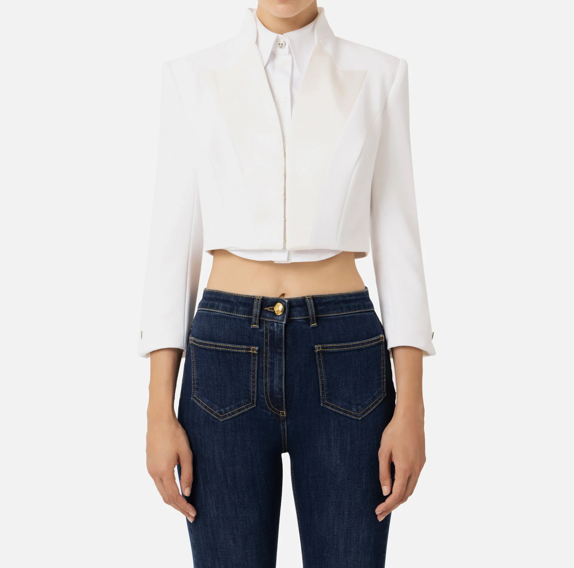 Elisabetta Franchi Jackets And Trench Coats|Crêpe cropped jacket with satin lapels Ivory