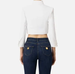 Elisabetta Franchi Jackets And Trench Coats|Crêpe cropped jacket with satin lapels Ivory