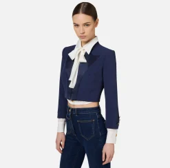 Elisabetta Franchi Jackets And Trench Coats|Crêpe cropped jacket with satin lapels Navy