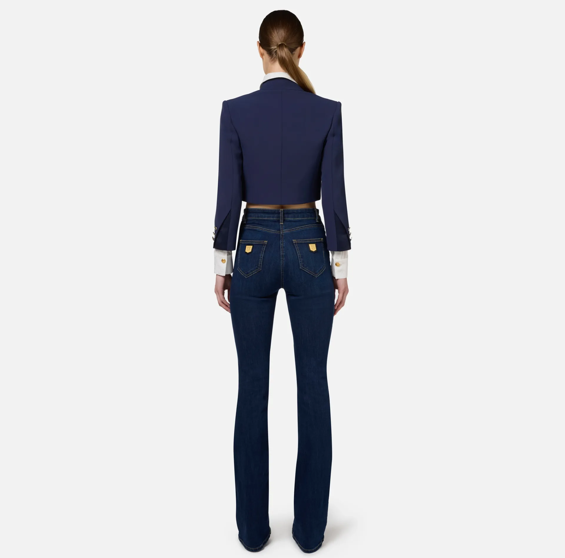 Elisabetta Franchi Jackets And Trench Coats|Crêpe cropped jacket with satin lapels Navy