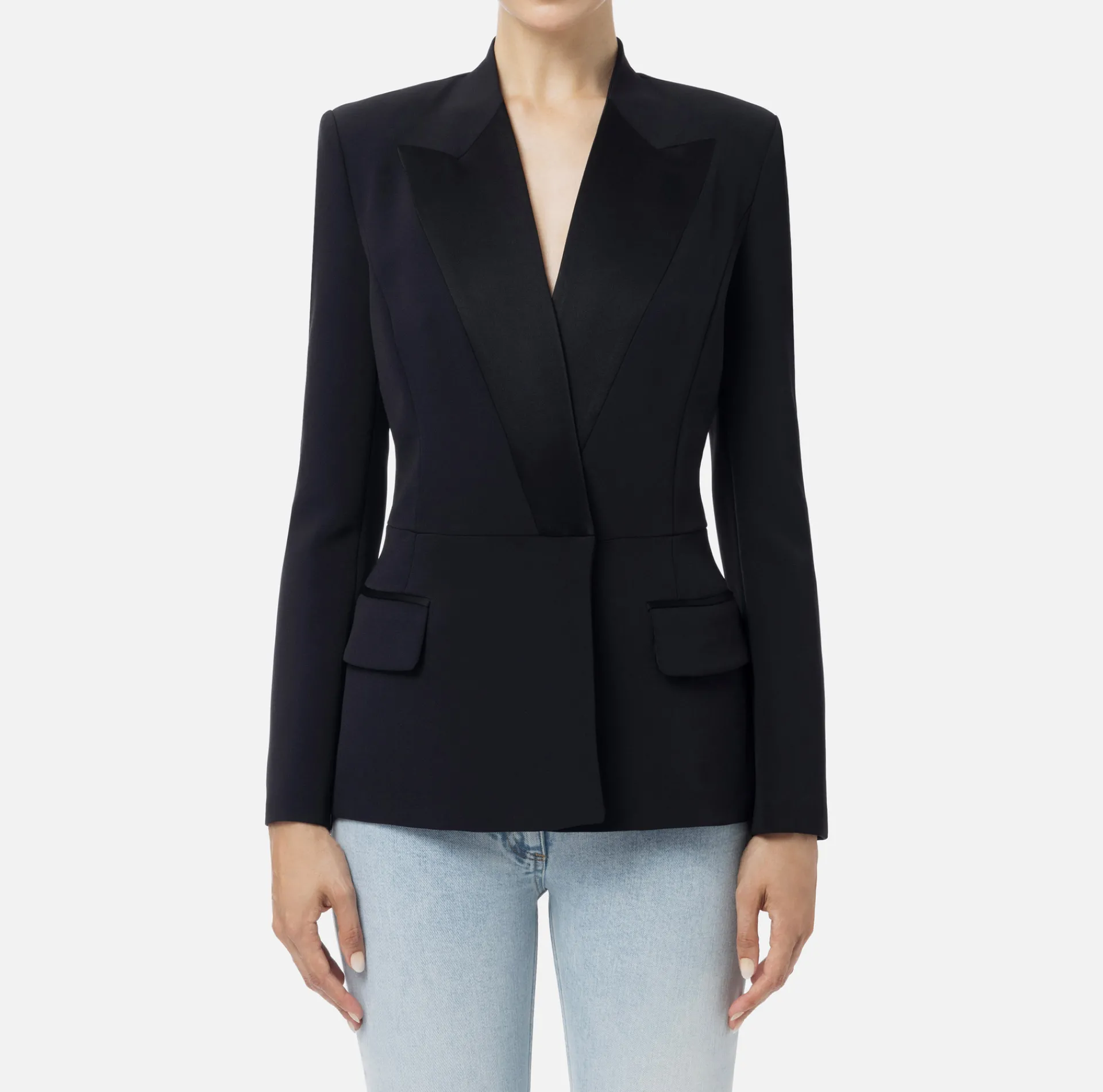 Elisabetta Franchi Jackets And Trench Coats|Crêpe double-breasted jacket with satin lapels Black