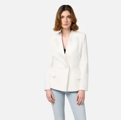 Elisabetta Franchi Jackets And Trench Coats|Crêpe double-breasted jacket with satin lapels Ivory