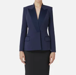 Elisabetta Franchi Jackets And Trench Coats|Crêpe double-breasted jacket with satin lapels Navy