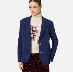 Elisabetta Franchi Jackets And Trench Coats|Crêpe jacket with emblem embroidery Navy