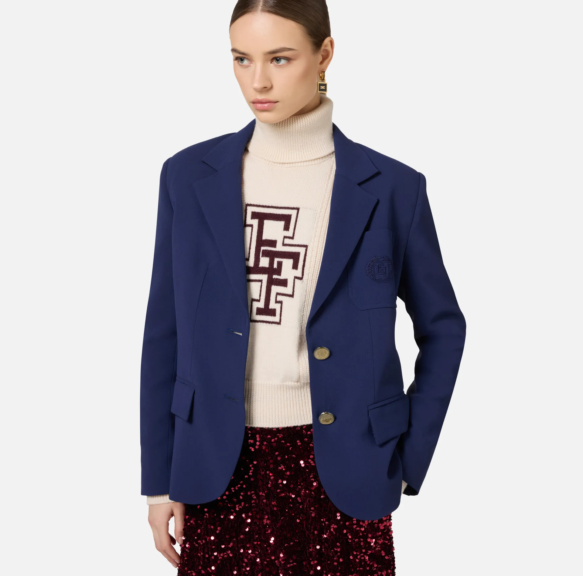 Elisabetta Franchi Jackets And Trench Coats|Crêpe jacket with emblem embroidery Navy