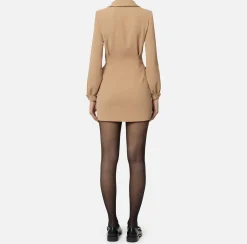 Elisabetta Franchi Mini Dresses|Dresses|Crêpe mini-dress with shirt and emblem embroidery Camel