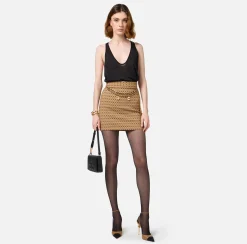 Elisabetta Franchi Tailleur|Skirts|Crêpe miniskirt with diamond print and chain Camel/Black