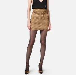 Elisabetta Franchi Tailleur|Skirts|Crêpe miniskirt with diamond print and chain Camel/Black