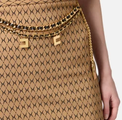 Elisabetta Franchi Tailleur|Skirts|Crêpe miniskirt with diamond print and chain Camel/Black