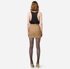 Elisabetta Franchi Tailleur|Skirts|Crêpe miniskirt with diamond print and chain Camel/Black
