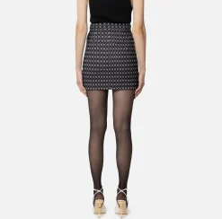 Elisabetta Franchi Tailleur|Skirts|Crêpe miniskirt with diamond print and chain Black/Butter