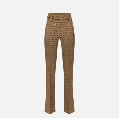 Elisabetta Franchi Trousers And Shorts|Tailleur|Crêpe palazzo trousers with diamond print and chain Camel/Black