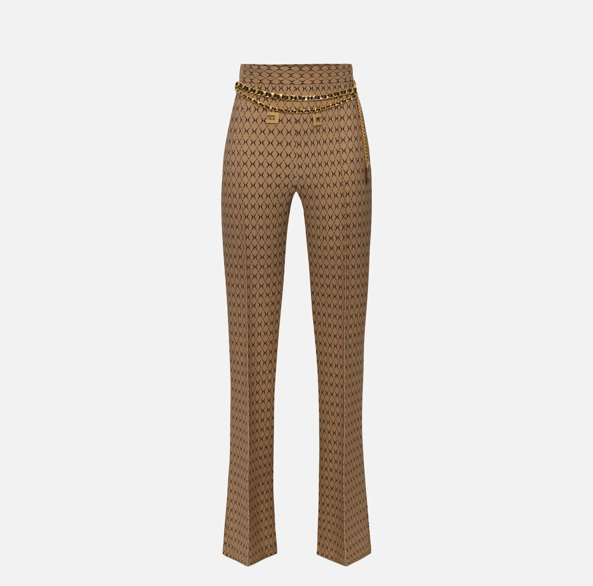Elisabetta Franchi Trousers And Shorts|Tailleur|Crêpe palazzo trousers with diamond print and chain Camel/Black
