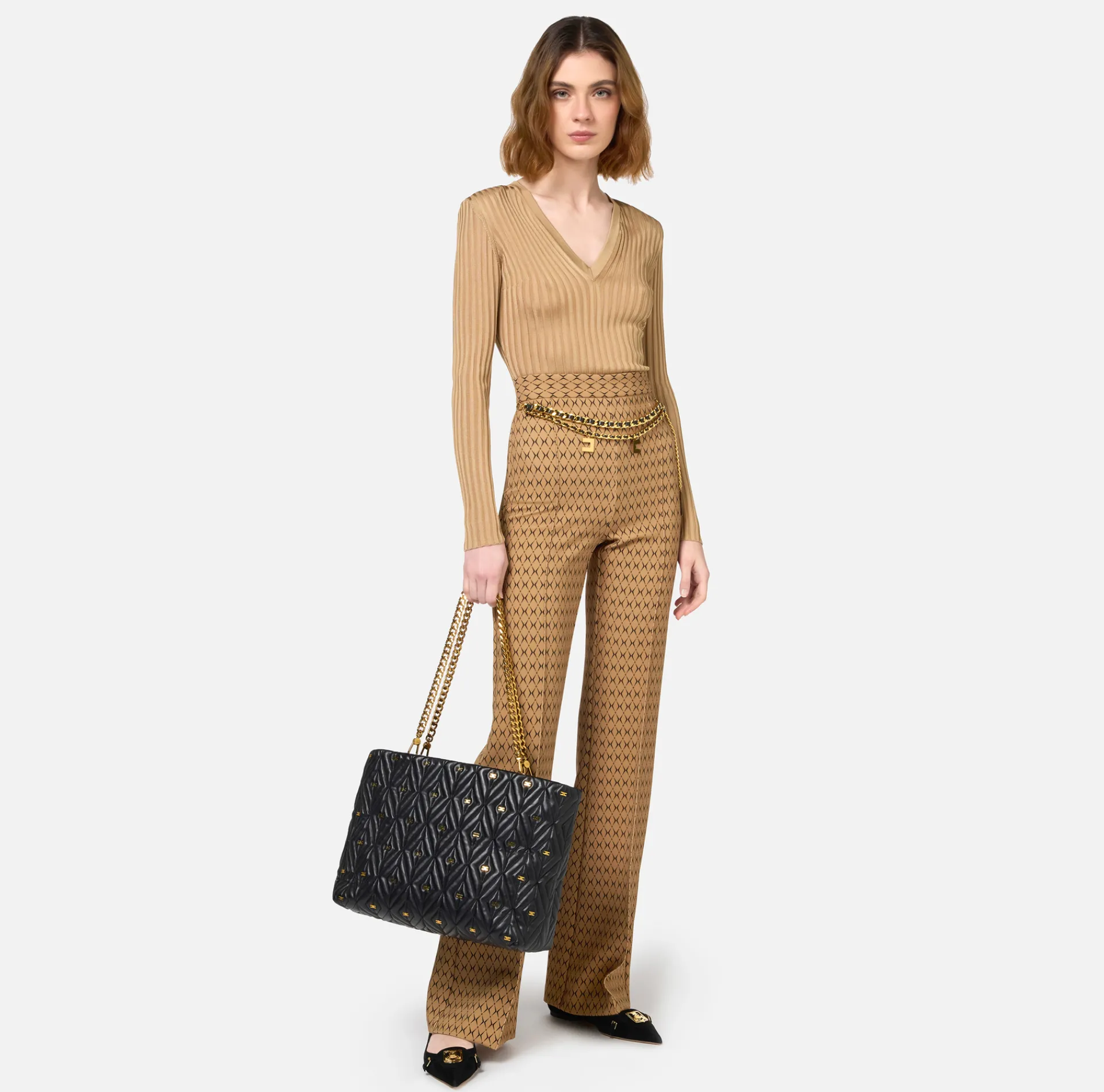 Elisabetta Franchi Trousers And Shorts|Tailleur|Crêpe palazzo trousers with diamond print and chain Camel/Black
