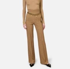 Elisabetta Franchi Trousers And Shorts|Tailleur|Crêpe palazzo trousers with diamond print and chain Camel/Black
