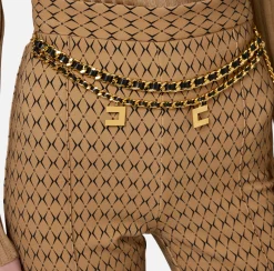 Elisabetta Franchi Trousers And Shorts|Tailleur|Crêpe palazzo trousers with diamond print and chain Camel/Black