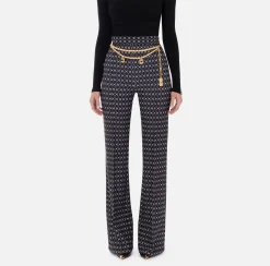 Elisabetta Franchi Trousers And Shorts|Tailleur|Crêpe palazzo trousers with diamond print and chain Black/Butter