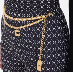 Elisabetta Franchi Trousers And Shorts|Tailleur|Crêpe palazzo trousers with diamond print and chain Black/Butter