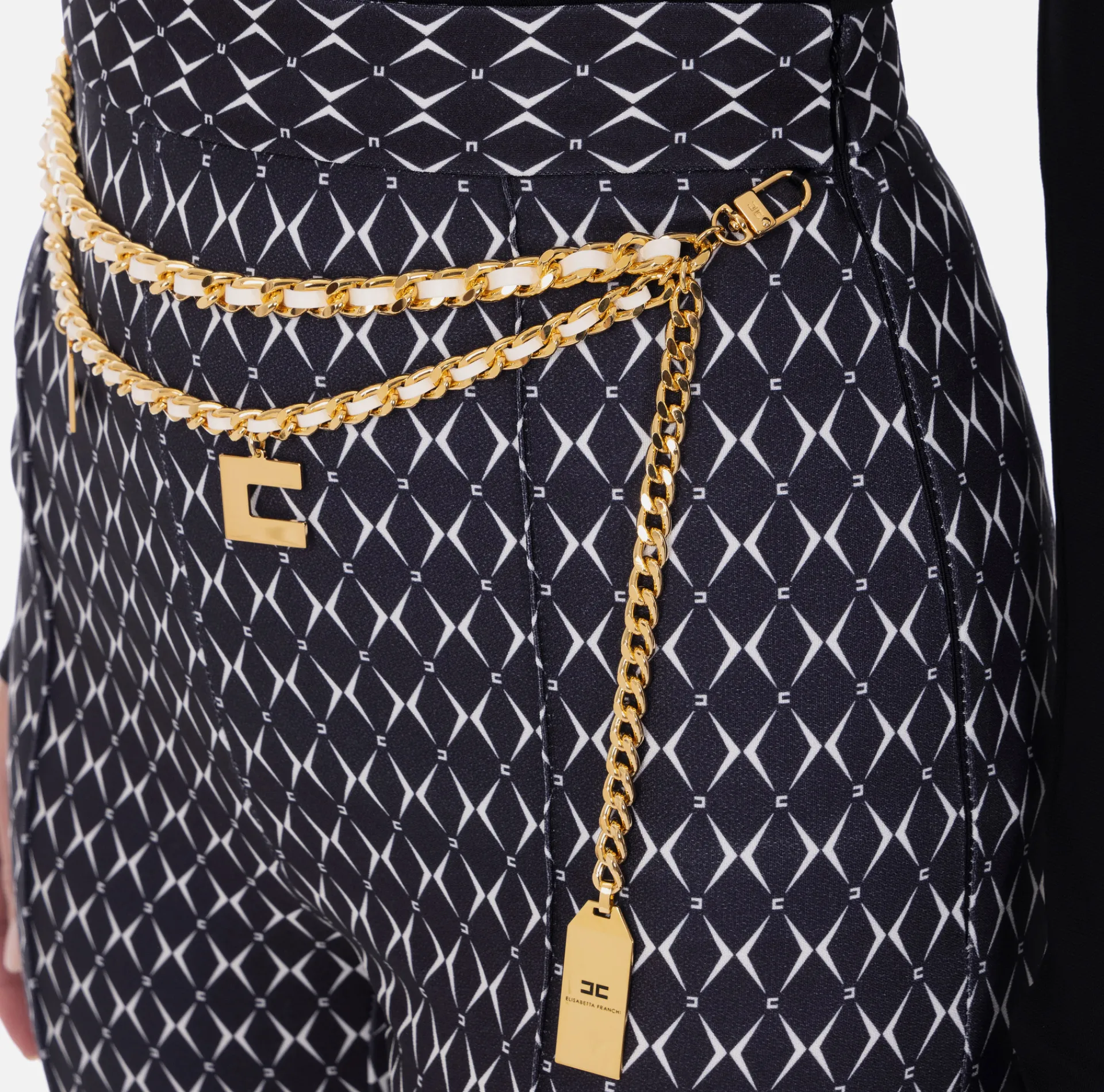 Elisabetta Franchi Trousers And Shorts|Tailleur|Crêpe palazzo trousers with diamond print and chain Black/Butter