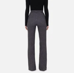 Elisabetta Franchi Trousers And Shorts|Tailleur|Crêpe palazzo trousers with diamond print and chain Black/Butter