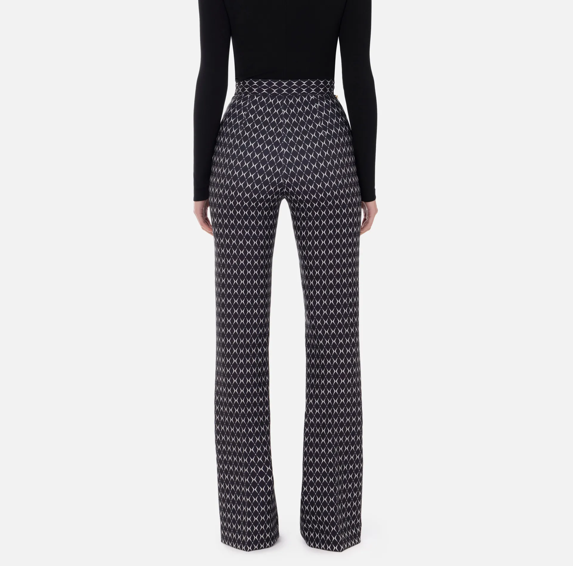 Elisabetta Franchi Trousers And Shorts|Tailleur|Crêpe palazzo trousers with diamond print and chain Black/Butter