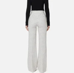 Elisabetta Franchi Trousers And Shorts|Tailleur|Crêpe palazzo trousers with diamond print and chain Butter/Black