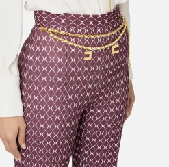 Elisabetta Franchi Trousers And Shorts|Tailleur|Crêpe palazzo trousers with diamond print and chain RougeNoir/Butter