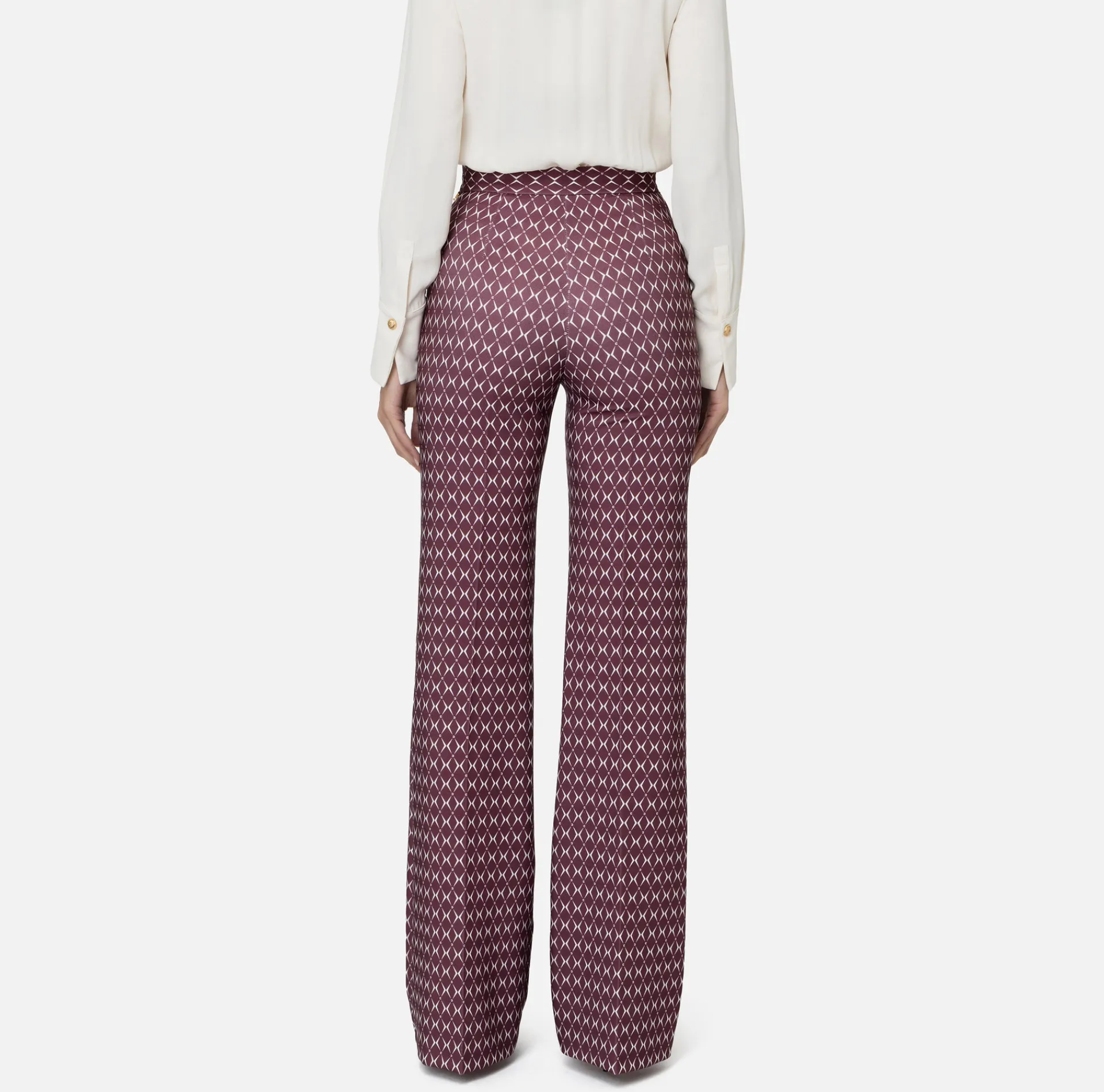 Elisabetta Franchi Trousers And Shorts|Tailleur|Crêpe palazzo trousers with diamond print and chain RougeNoir/Butter