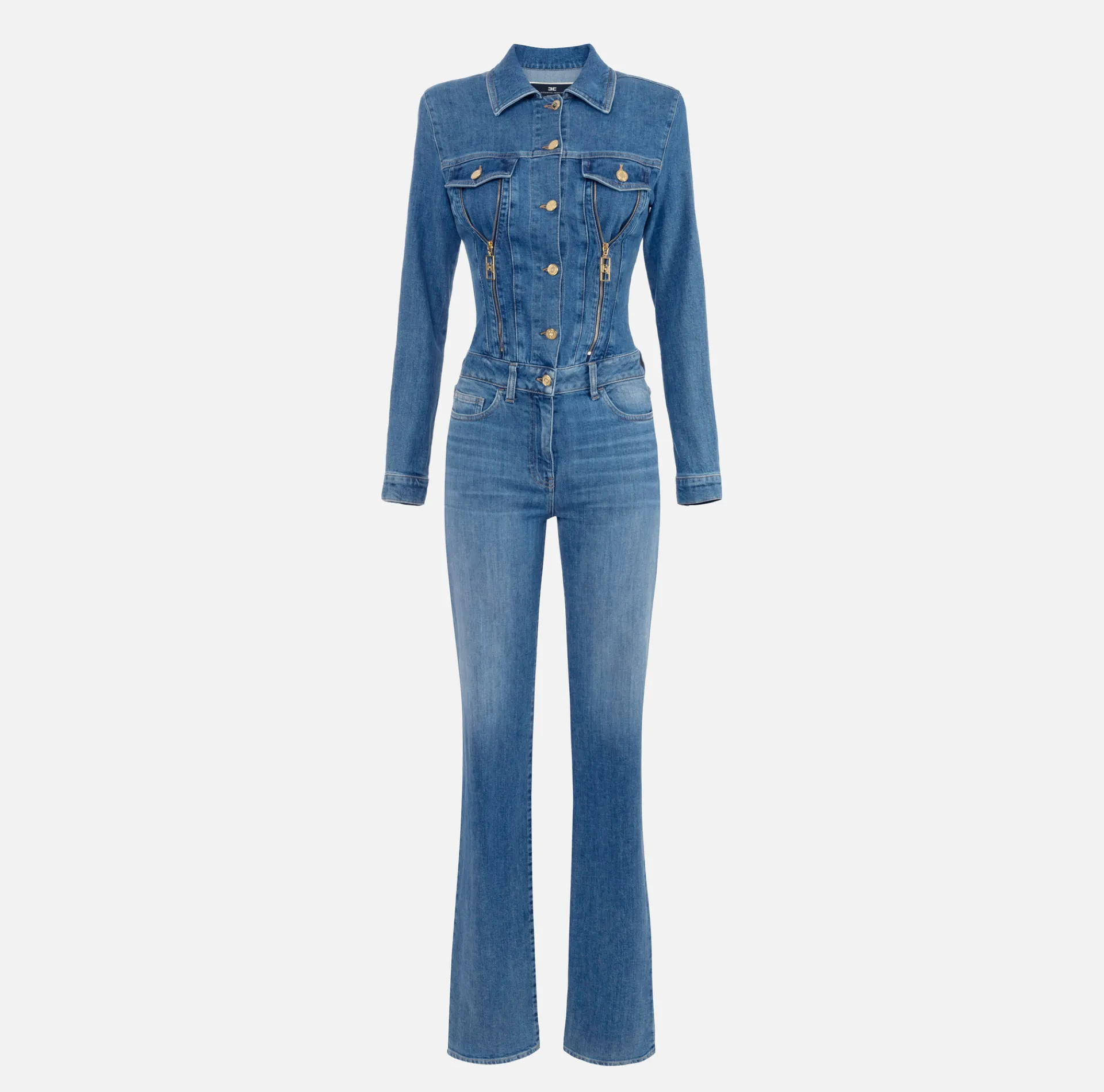 Elisabetta Franchi Jumpsuits|Denim jumpsuit with zip and shoulder pads DenimBlue