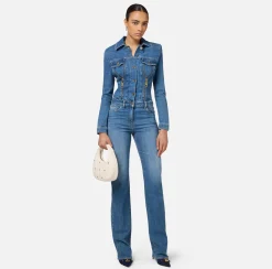 Elisabetta Franchi Jumpsuits|Denim jumpsuit with zip and shoulder pads DenimBlue