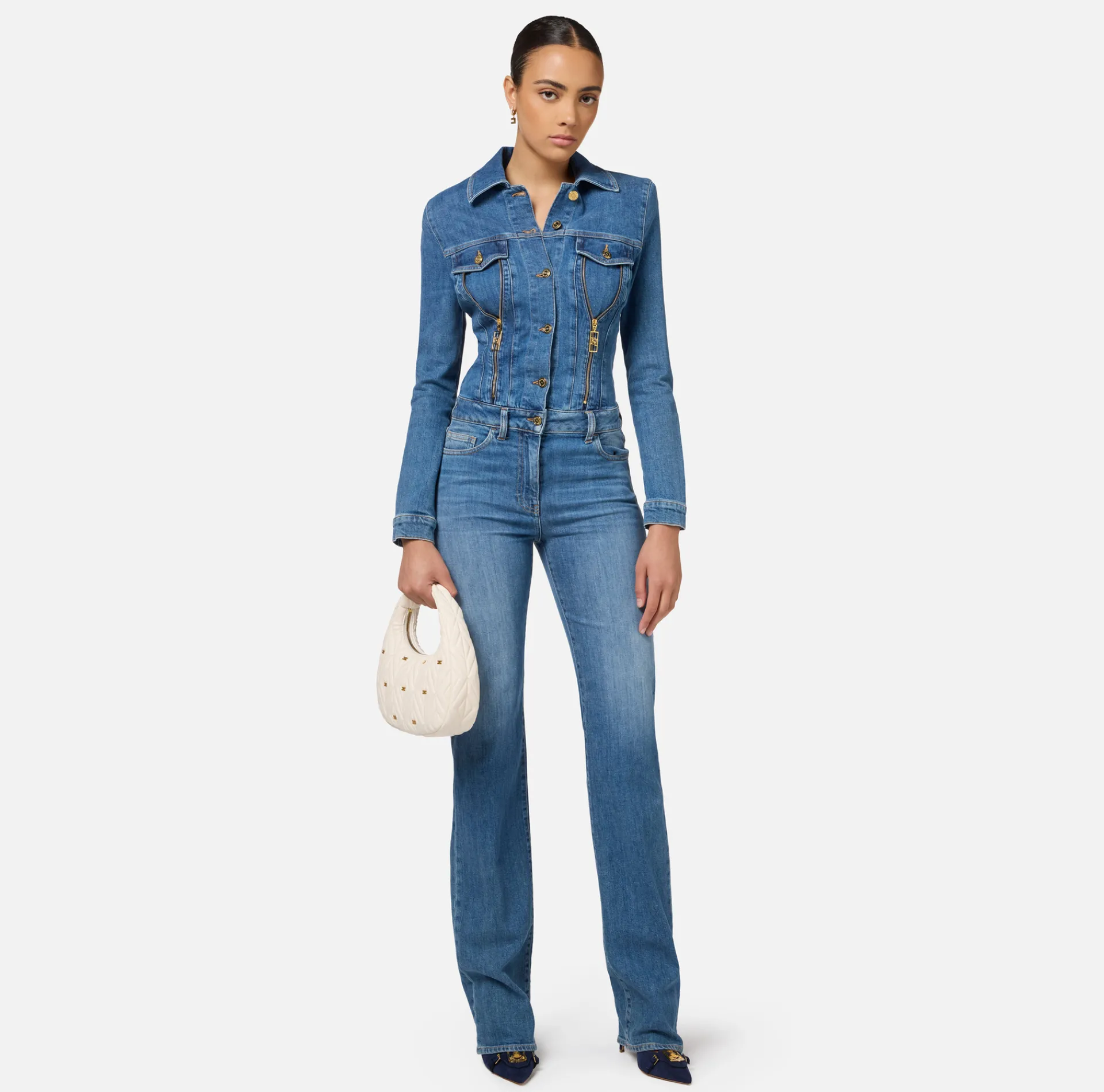 Elisabetta Franchi Jumpsuits|Denim jumpsuit with zip and shoulder pads DenimBlue