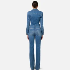 Elisabetta Franchi Jumpsuits|Denim jumpsuit with zip and shoulder pads DenimBlue