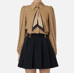 Elisabetta Franchi Shirts And Blouses|Diamond print georgette cropped blouse with foulard scarf Camel/Black
