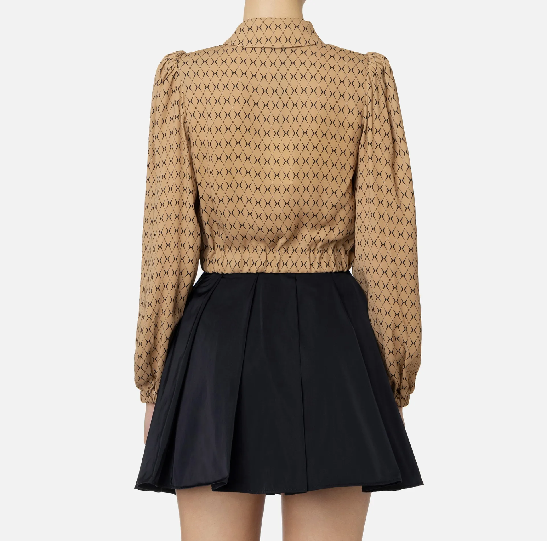 Elisabetta Franchi Shirts And Blouses|Diamond print georgette cropped blouse with foulard scarf Camel/Black
