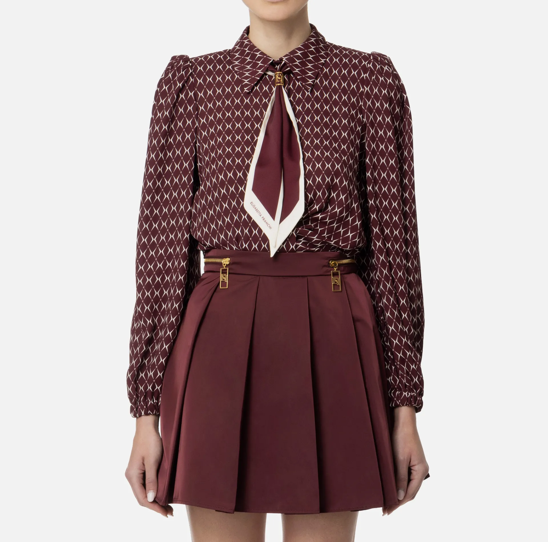 Elisabetta Franchi Shirts And Blouses|Diamond print georgette cropped blouse with foulard scarf RougeNoir/Butter