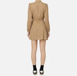 Elisabetta Franchi Mini Dresses|Dresses|Diamond print georgette mini-dress with foulard Camel/Black