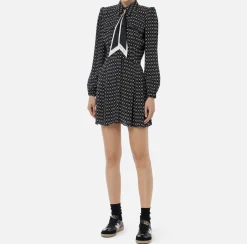 Elisabetta Franchi Mini Dresses|Dresses|Diamond print georgette mini-dress with foulard Black/Butter