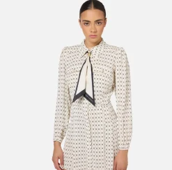 Elisabetta Franchi Mini Dresses|Dresses|Diamond print georgette mini-dress with foulard Black/Butter