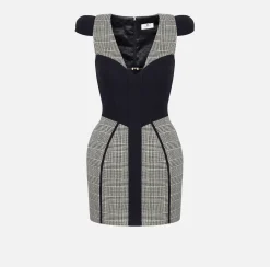 Elisabetta Franchi Mini Dresses|Dresses|Doll cool wool mini-dress in Prince of Wales fabric Black/PrinceofWales