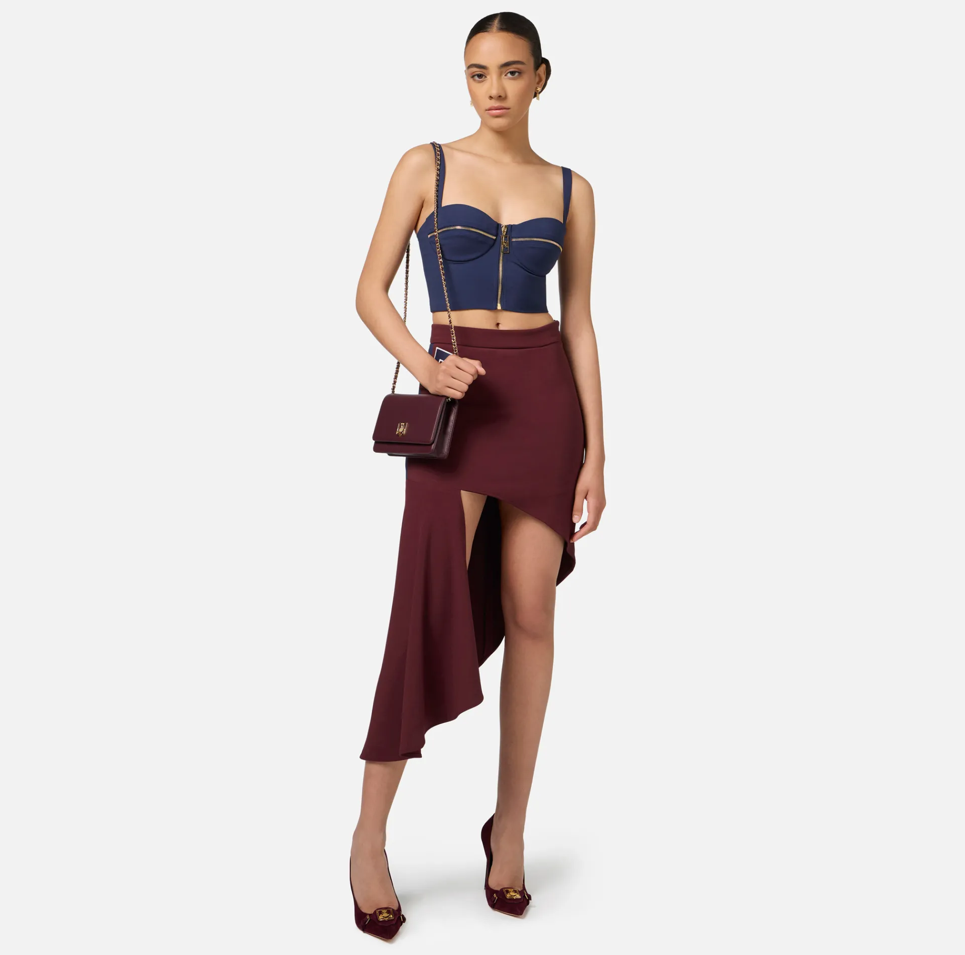 Elisabetta Franchi Top And T-Shirts|Double layer crêpe balconette top with zip pattern Navy