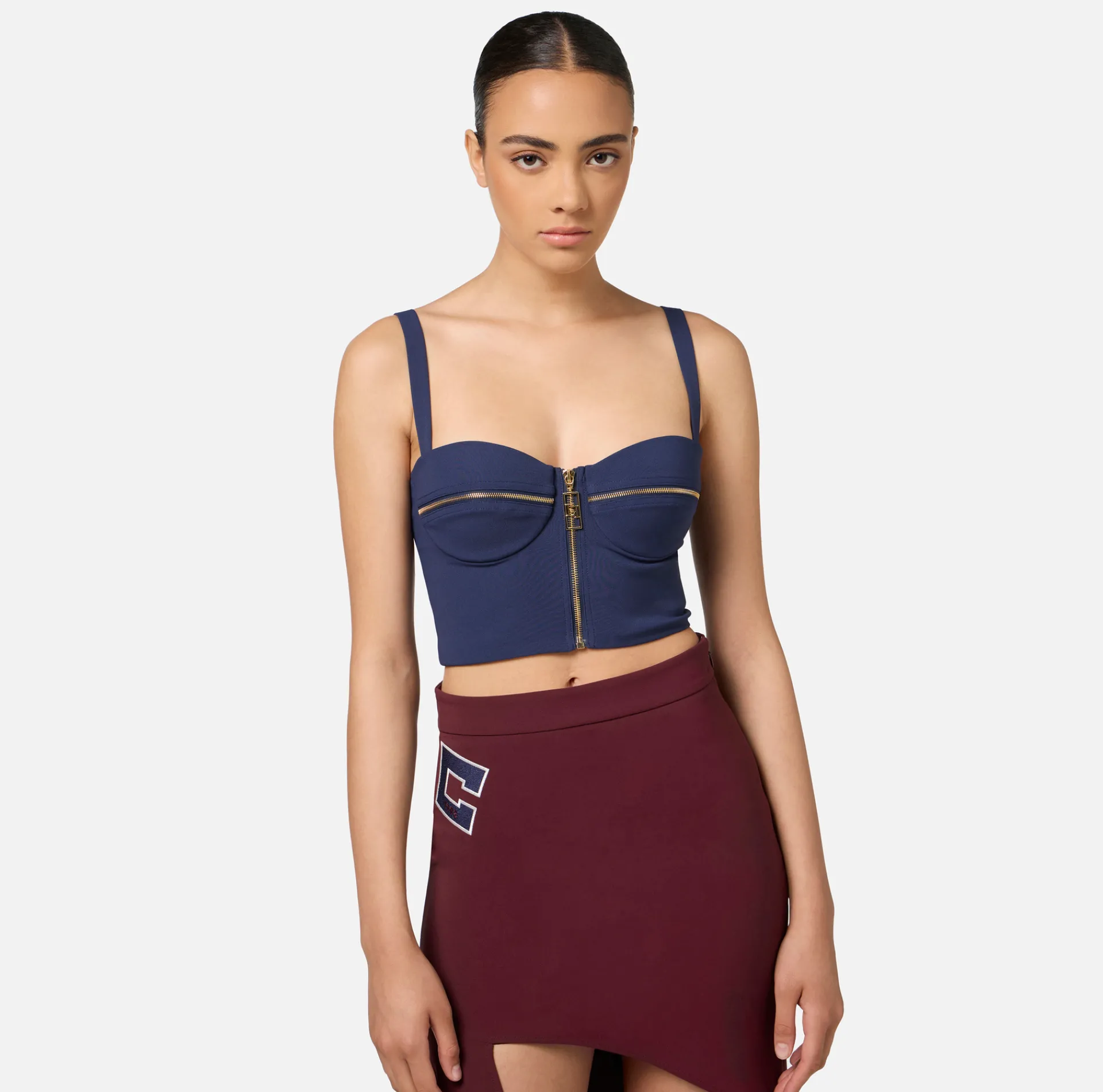 Elisabetta Franchi Top And T-Shirts|Double layer crêpe balconette top with zip pattern Navy