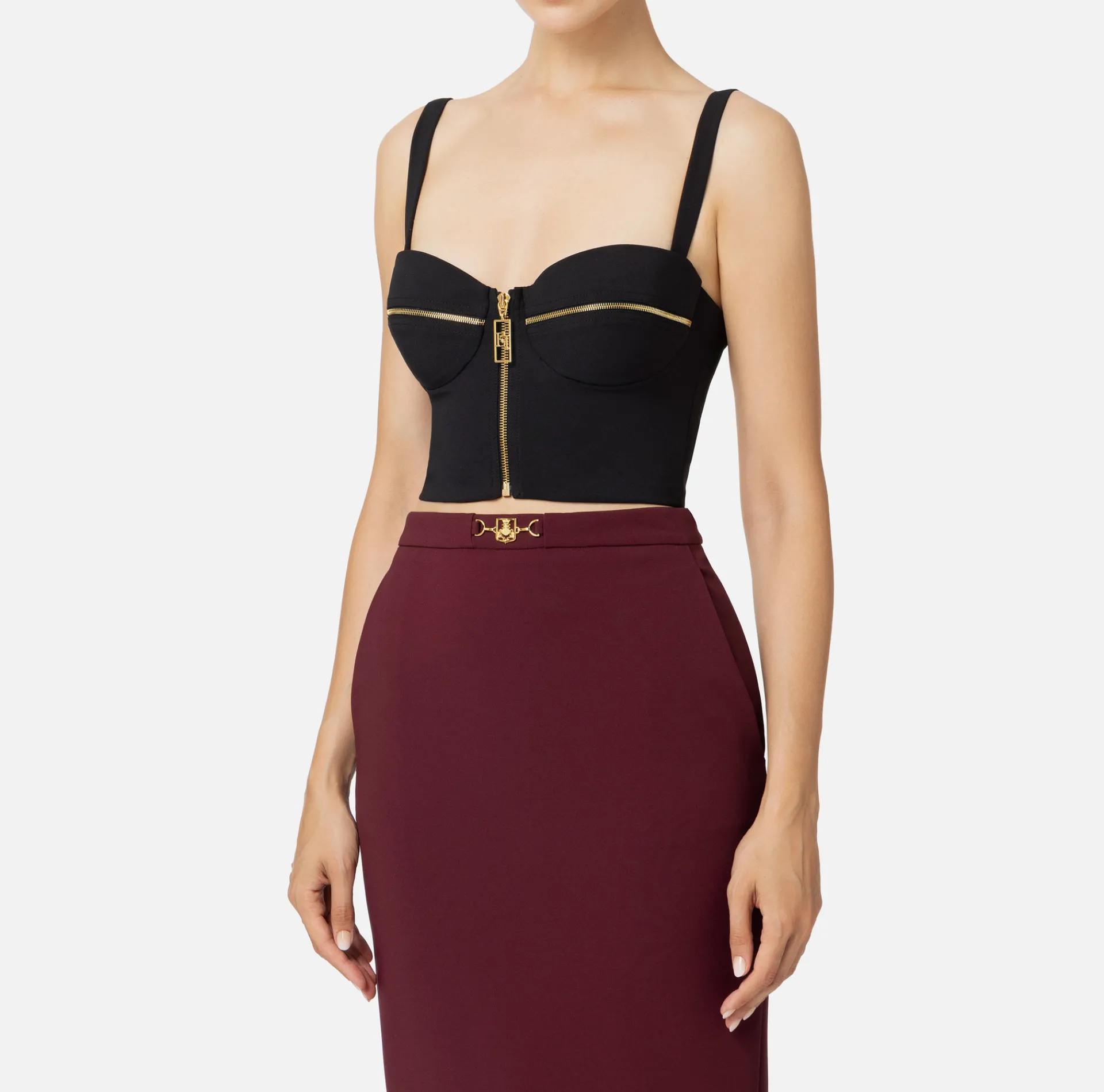 Elisabetta Franchi Top And T-Shirts|Double layer crêpe balconette top with zip pattern Black