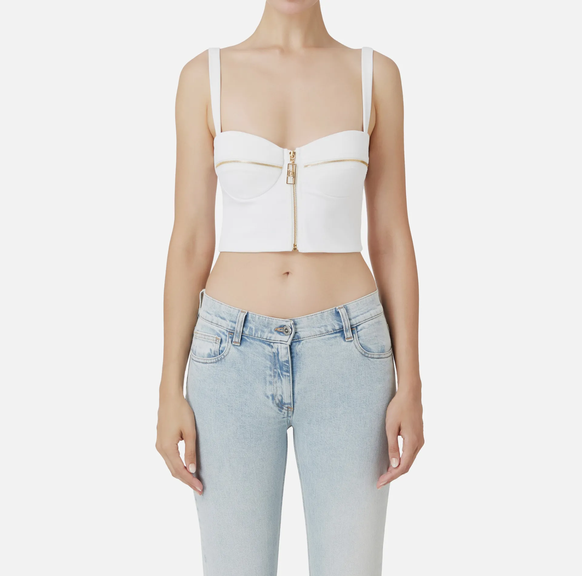 Elisabetta Franchi Top And T-Shirts|Double layer crêpe balconette top with zip pattern Ivory